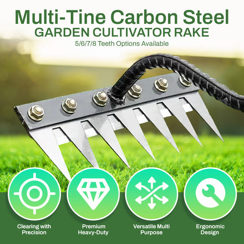 🌟Hot Sale! 🍃Multi-Tine Carbon Steel Garden Cultivator Rake – 5/6/7/8 Teeth Options Available