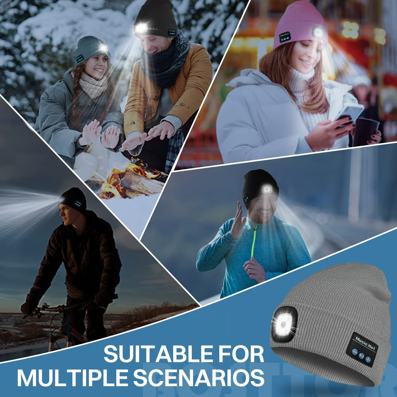 Bluetooth Beanie with LED Headlamp – Warm Knit Hat with Built-In Speakers