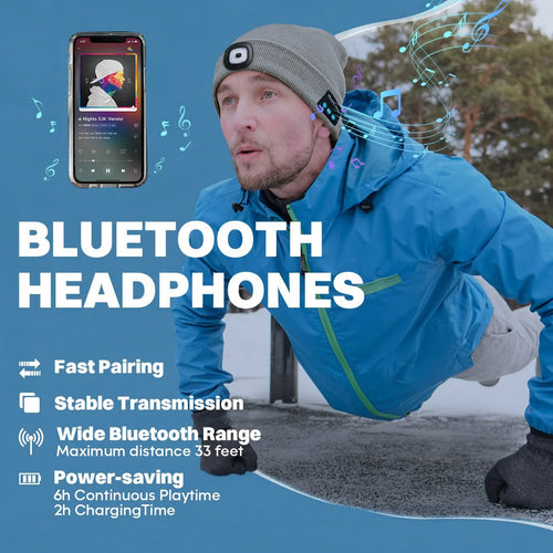 Bluetooth Beanie with LED Headlamp – Warm Knit Hat with Built-In Speakers